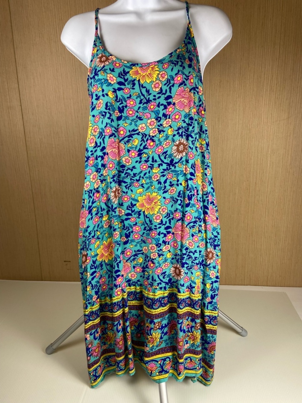 Boho Floral Mini Dress Teal Multi Border Print Pockets Adjustable Strap Size M